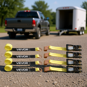 Sangles d'arrimage à cliquet Vevor, résistance à la rupture de 10009 lb, crochet plat, ceinture en polyester jaune pour voiture, SUV, remorque, moto - Product Image 2