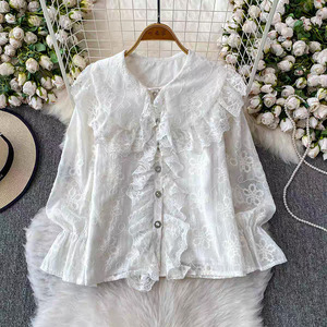 Blusa <span class=keywords><strong>de</strong></span> verano Premium para mujer elegante Socialite juvenil encaje Patchwork <span class=keywords><strong>de</strong></span> gama alta bordado campana manga cuello tejido sólido - Product Image 2