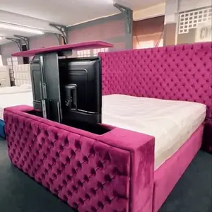 Factory Custom OEM Double Queen Size Upholstered Velvet Square Storage Bed With Build in TV Lift Footboard King Size TV Bed