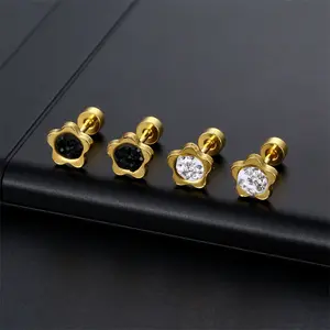 Woying Fashion Hip Hop Wholesale 18K Gold Plated Stainless Steel Colorful Zircon Flower Stud Earring Jewelry