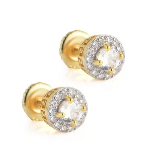 ต่างหูกลม2021 Hiphop Micro Paved Cubic Zirconia,ชุดต่างหูชุบทอง14K รูปทรงกลมเงิน925