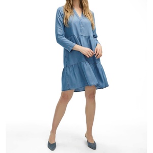 Nouvelle Robe Courte en Jean Décontractée pour Femme, Col en V, Manches Longues, Coupe Ample, avec Boutons et Volants, Bleu Jean - Product Image 1