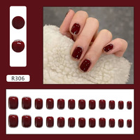 24 pièces/boîte rouge vin couleur presse sur les ongles conseils taille courte vie quotidienne ongles artificiels paillettes faux ongles