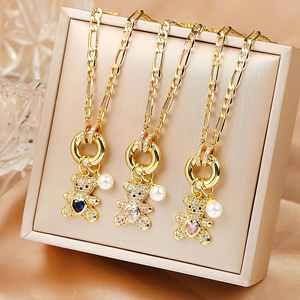 Colliers à la mode avec pendentif ours en peluche en forme <span class=keywords><strong>de</strong></span> cœur, plaqué or, zircon cubique coloré, chaîne animale mignonne - Product Image 5