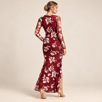 Gaun Maxi Wanita Model Terbaru 2026 Warna Burgundy Bermotif Bunga, Lengan Panjang Transparan, Pinggang Berkerut, Belahan Tinggi, Gaun Pesta Malam Elegan