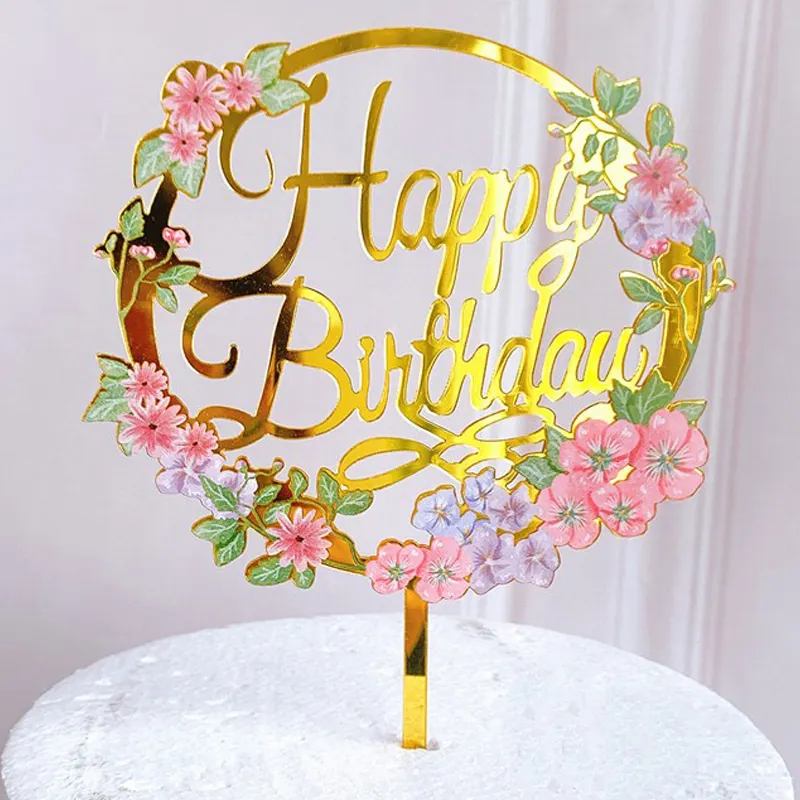 Yeni çiçekler mutlu doğum günü pastası Topper kek süslemeleri araçları altın renkli baskı akrilik kek Topper doğum günü süslemeleri