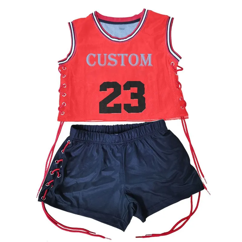 Custom new style summer two pieces set women jersey basketball team shorts set crop top jersey short set 2 piece