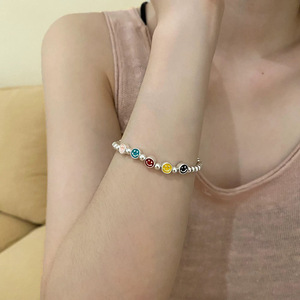S925 Sterling Silver <b>Rainbow</b> Smiley Face Beaded <b>Bracelet</b> Unisex Everyday Wear Jewelry - Product Image 3