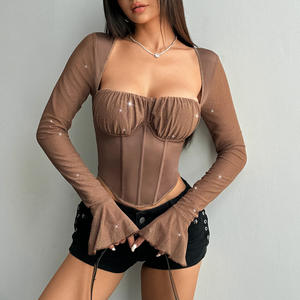 Outono Flared Manga Colheita Top Lantejoulas Anel De Aço Envolvido Peito Diamante Em Forma De Fishbone Cintura Top Espartilho - Product Image 1