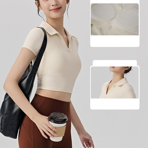Haut de yoga col V de haute qualité avec soutien-gorge intégré, coupe ajustée, style crop top, pour femme - Product Image 2