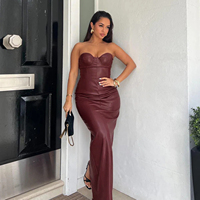 Leder Trägerloses Kleid Taillenschnürendes Gerades Abendkleid Sexy Party Bankett Elegantes Langes Kleid