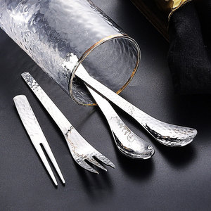 304 thép không gỉ <span class=keywords><strong>Flatware</strong></span> <span class=keywords><strong>Set</strong></span> búa món tráng miệng ngã ba và muỗng thiết kế sáng tạo trở lại trường học tái sử dụng cho cà phê Ice Cream - Product Image 3