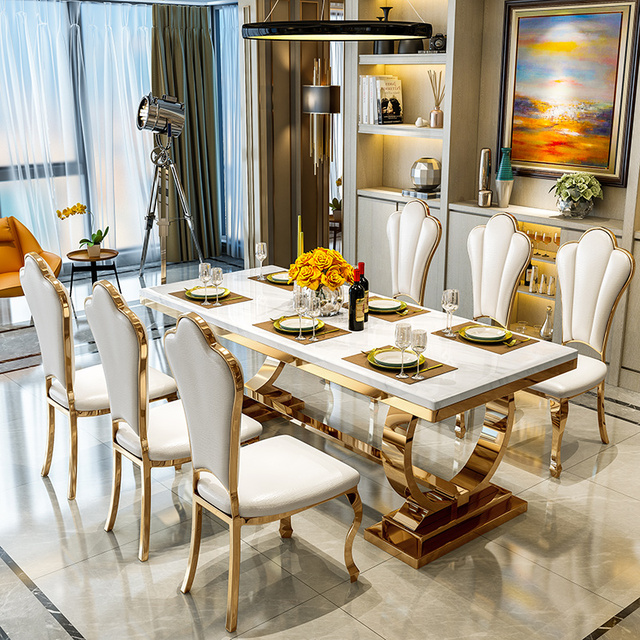 Modern Design Elegant Stainless Steel Royal Luxury Marble 4/6/8 Seater Black Dining Table Set Home Furniture
