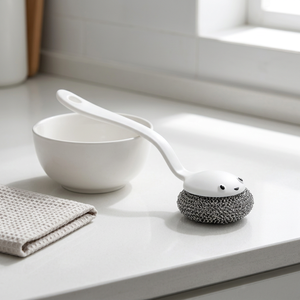 Brosse de nettoyage en acier inoxydable à haute absorption d'eau, manche long, tête remplaçable, anti-rayures, design mignon blanc - Product Image 6