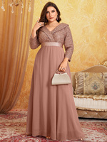Robe de soirée grande taille élégante à col en V, manches trois-quarts, patchwork de sequins et ourlet large, idéale pour les bals semi-formels