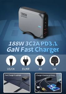 Yüksek kalite 188W 140W çok port masaüstü şarj cihazı 5 Port GaN PD <span class=keywords><strong>3</strong></span>.1 hızlı taşınabilir tip C şarj ab abd İngiltere AU tak ile 3C2A - Product Image 2