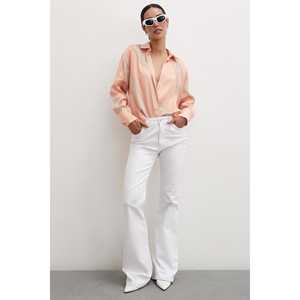 Elegante Camisa de Satén para Mujer, Color Salmón, Cuello en V, Capa Transparente, Estilo Informal - Product Image 2