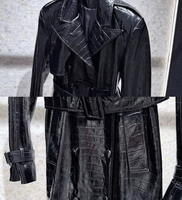 Vente en gros usine Manteau trench en cuir de mouton noir gaufré crocodile pour femme, longueur maxi, avec ceinture à boucle, veste d'extérieur d'hiver