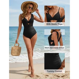 Traje de baño de una pieza para mujer, con cuello pronunciado, control de abdomen, malla, cintura alta, para playa, moldeador del cuerpo - Product Image 4