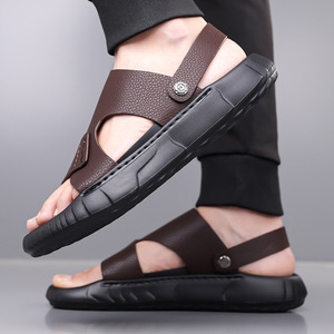 Men's Genuine Leather <b>Slides</b> Open Toe Rubber Sole Casual Summer Sandals - Product Image 2