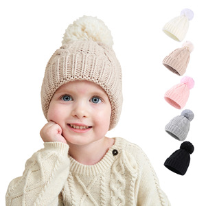YD475 nouveau Style Kits automne <span class=keywords><strong>tricot</strong></span> filles casquettes torsadées <span class=keywords><strong>tricot</strong></span>é laine chaude Pom chapeau bébé couleur unie mignon chapeaux d'hiver - Product Image 1