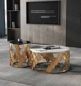 Роскошный круглый журнальный столик в комплекте, мебель из нержавеющей стали для гостиной, мраморный стеклянный боковой столик