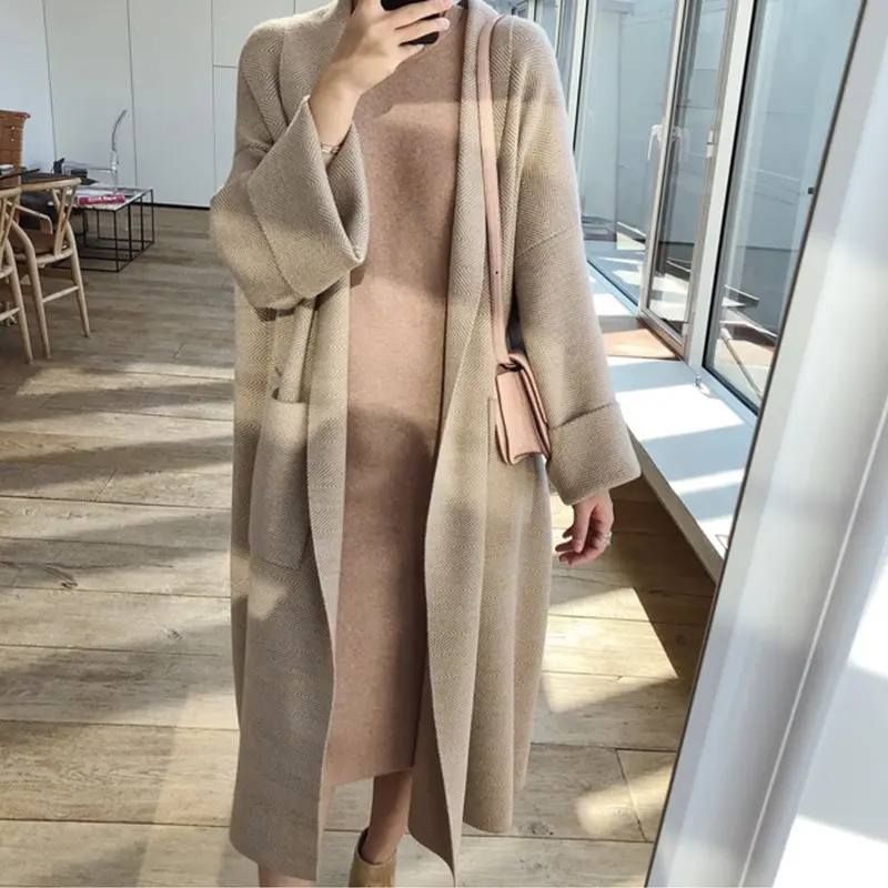 Amazon Hot Selling Women Korean Style Loose Large Oversize Long V Neck Sweater Cardigan Coat