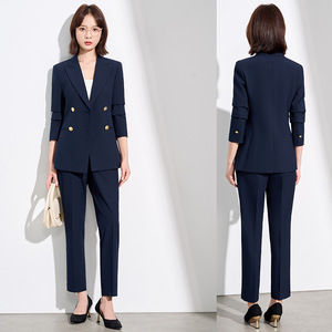 Women's Professional Suit Set Gray Double Breasted Office Lady Autumn Anti-Wrinkle Polyester Three Quarter Sleeve - Product Image 2