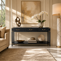 Console d'entrée moderne en bois massif noir avec vis apparentes et coins décoratifs, 3 tiroirs, pour couloir et hall d'entrée – Artisanat de luxe