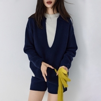 Pull en cachemire 100% pour femme, col en V profond, tricoté, ample, épaules tombantes, côtelé, pour l'automne et l'hiver