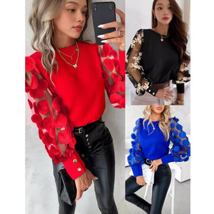 Camicie 2025 per donna alla moda semplice camicetta da donna Pullover Patchwork floreale in <span class=keywords><strong>pizzo</strong></span> rosso a girocollo - Product Image 1