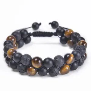 Double-Layer Braided Fashion Bracelet with Tigers Eye Black Agate Hematite Adjustable Energy Healing Bangles