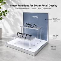 Présentoir à lunettes pliable à deux niveaux avec cadre argenté, pieds de support en acrylique transparent, panneau arrière personnalisé imprimé, léger