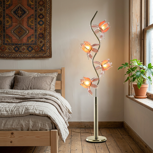 <b>Vintage</b> Floral <b>Standing</b> <b>Lamp</b> 4 Lotus Blooms Golden Metal S Pole Decorative Floor Light for Hotel Lobby - Product Image 2