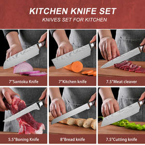 Meilleur produit : Ensemble de 7 couteaux japonais en acier inoxydable, couteau de chef, Santoku, hachoir à viande, manche brun, couteaux de cuisine - Product Image 3