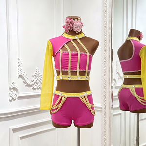 Costume de danse jazz rose et jaune pour filles, tenue de scène avec strass, manches longues en maille, tenue de danse hip hop, spandex/polyester - Product Image 3