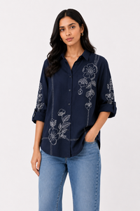 Camisa de algodón bordada para mujer, con botones, bordado floral, manga larga, informal - Product Image 3