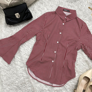 Chemisier <span class=keywords><strong>femme</strong></span> en polyester à manches longues, col en V, rayé, coupe ajustée, style décontracté, nouvelle mode automne, style transfrontalier Europe-Amérique - Product Image 3