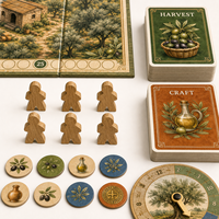 Jeu de société pliable à quatre panneaux sur le thème de la coopérative olivicole méditerranéenne, jeu de gestion pour l'agrotourisme