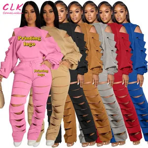 3XL 2023 Fashionable New Women Clothing Loose Two Piece Set Custom Logo Female Clothes Hollow Hole Sweat Suit Outfits For Women