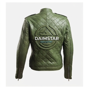 Chaqueta Bomber Acolchada de Cuero de Oveja Genuino Verde Oliva para Mujer, Manga Larga, Cuello Alto, Cierre de Cremallera, Largo Regular - Product Image 2