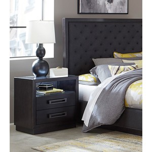 Modern Nightstand 2 <b>Drawers</b> LED Light <b>Storage</b> Cubby USB Ports Power Outlets Charcoal Finish Glass Top - Product Image 2