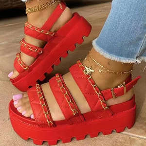 Летние римские сандалии с открытым носком, на цепочке, однотонные, на среднем каблуке, женская обувь, модные, с пряжкой - Product Image 3