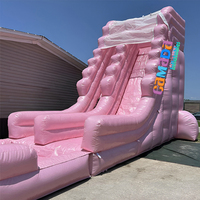 Toboggan aquatique gonflable rose à double piste avec piscine, idéal pour les fêtes aquatiques, toboggan de parc aquatique gonflable et souffleur inclus