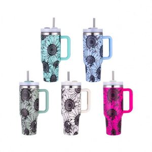 40 oz Tumbler 5D Printed Sun Flower Stainless Steel <b>Vacuum</b> Metal Travel Mug Handle Cold Thermal Insulation Cup - Product Image 2
