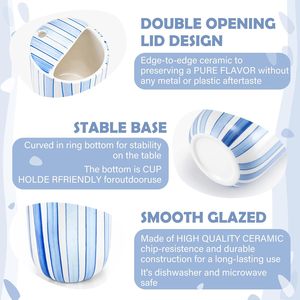 Taza de Café de Cerámica de 10 oz, Azul con Rayas, Pintada a Mano, Resistente al Calor, Antideslizante, con Tapa Integrada y Orificio para Beber, Regalo para Amantes del Café - Product Image 3