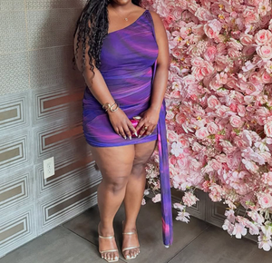 Viviblook Q26DS011 Vestido de fiesta para mujer, vestido de verano con cuello oblicuo, un solo hombro, sin mangas, estampado, mini vestido ajustado - Product Image 1