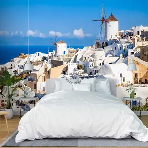 Love Sea Santorini Island Landscape Wallpaper Blue Sky Windmill Mural