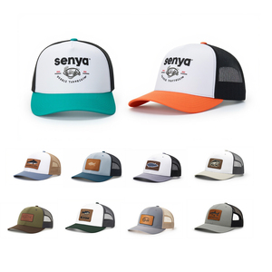 SY High Quality Custom Leather Patch Logo Classic 6 Panel <strong>Pre</strong>-Curved Brim Mesh Snap Back 112 Trucker Fashionable Summer - Product Image 1