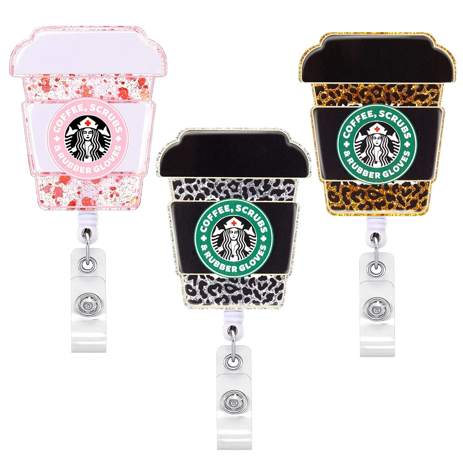 2024 acrylic coffee cup clamp buckle custom logo retractable id badge clip reel popular soft plastic id name badge card holder